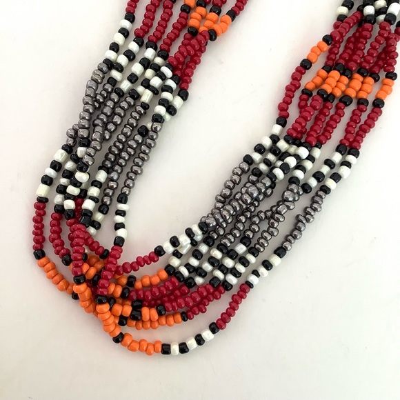 Handmade multistrand boho tribal necklace 28” long, red and black - Picture 3 of 4